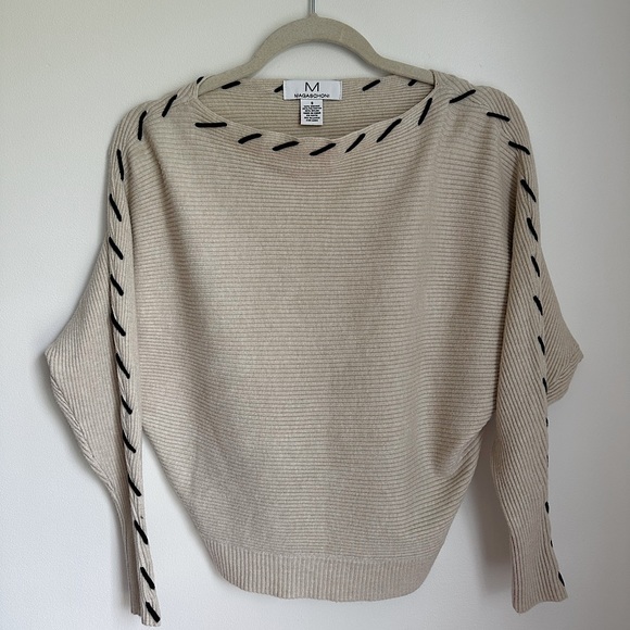 Magaschoni Sweaters - Magaschoni Cropped Cream sweater with trendy Black Stitch detail